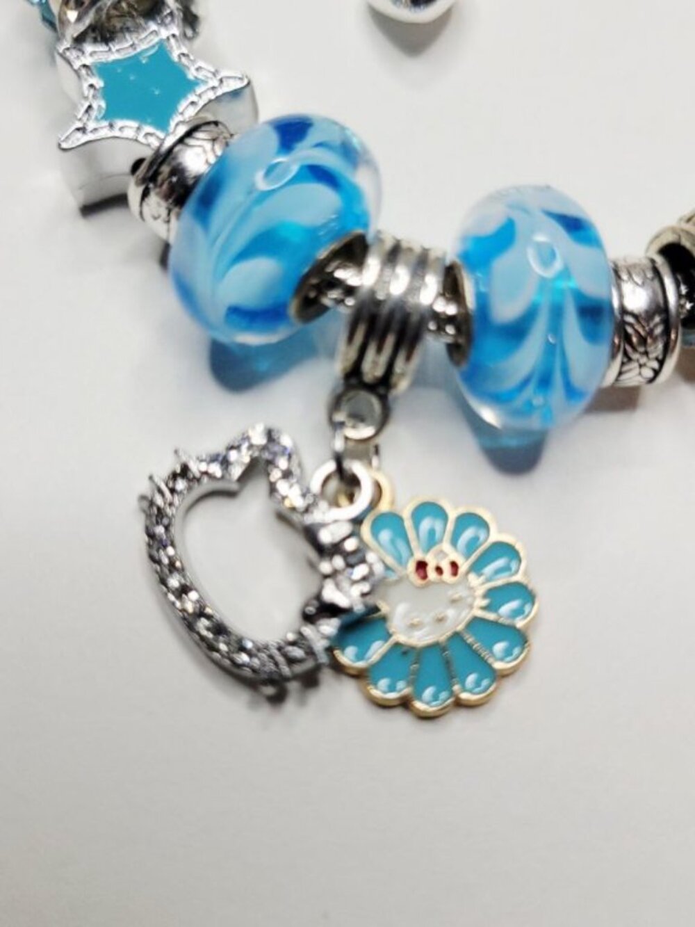 NWT Hello Kitty Pandora Style Charm Bracelet Silver Color Aqua Blue Rhinestones - Picture 2 of 8